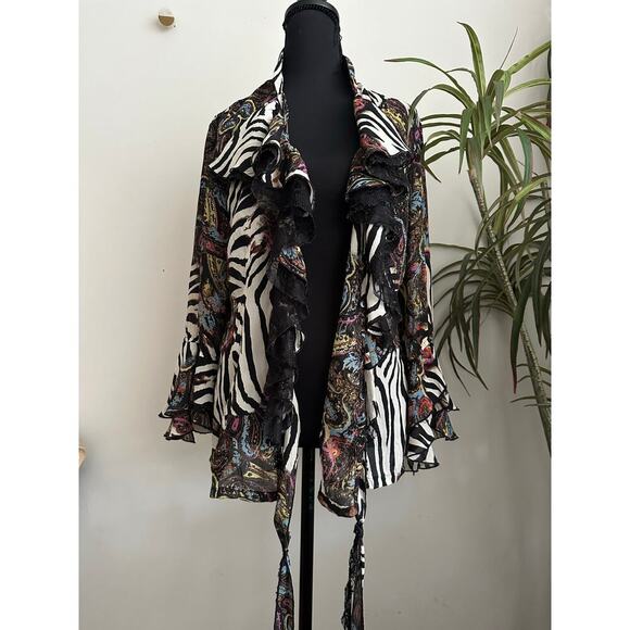 Le Caviar zebra paisley print ruffle lace tie front flare sleeve top Small - Picture 1 of 6
